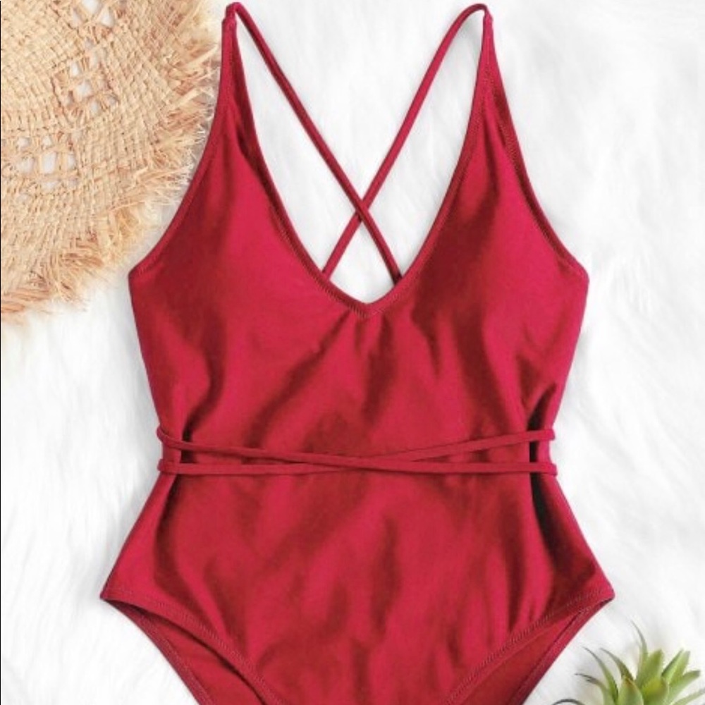 red one piece swim suit